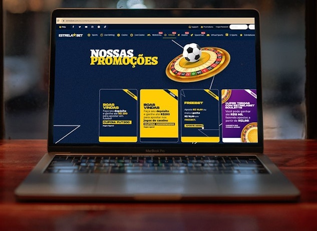 Mockup de um laptop com a pagina de promocoes da Estrela Bet