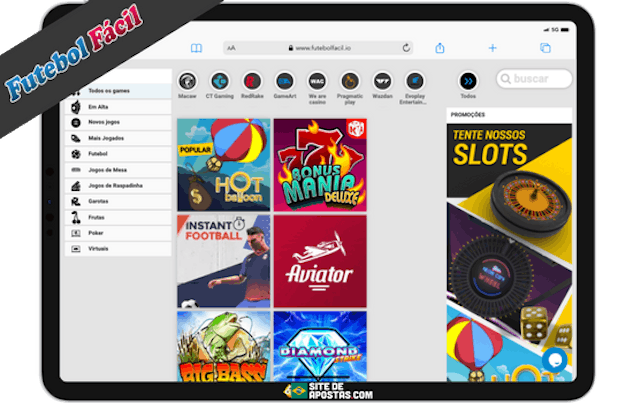 Mockup de um tablet mostrando apostas em jogos virtuais no site da Futebol Facil