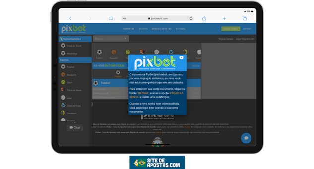 Mockup de um tablet mostrando o aviso da Pixbet que fala sobre a mudanca do Pixbet classico Pixbetfutebol com para o Pixbet Moderno