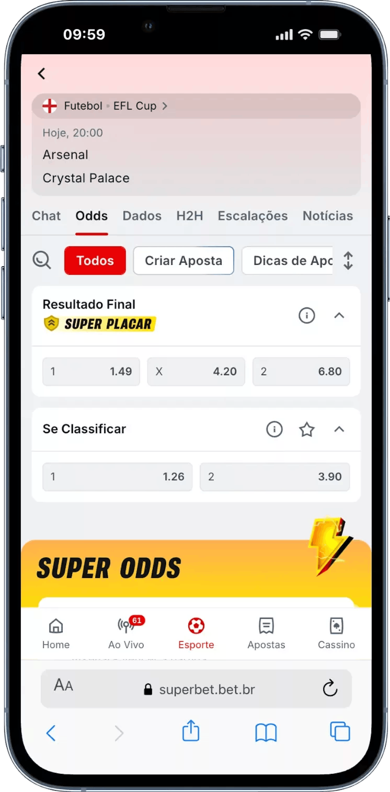 Pagina de jogo da Superbet