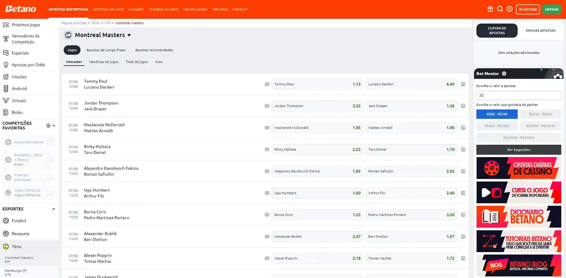 Partidas de Tenis Betano
