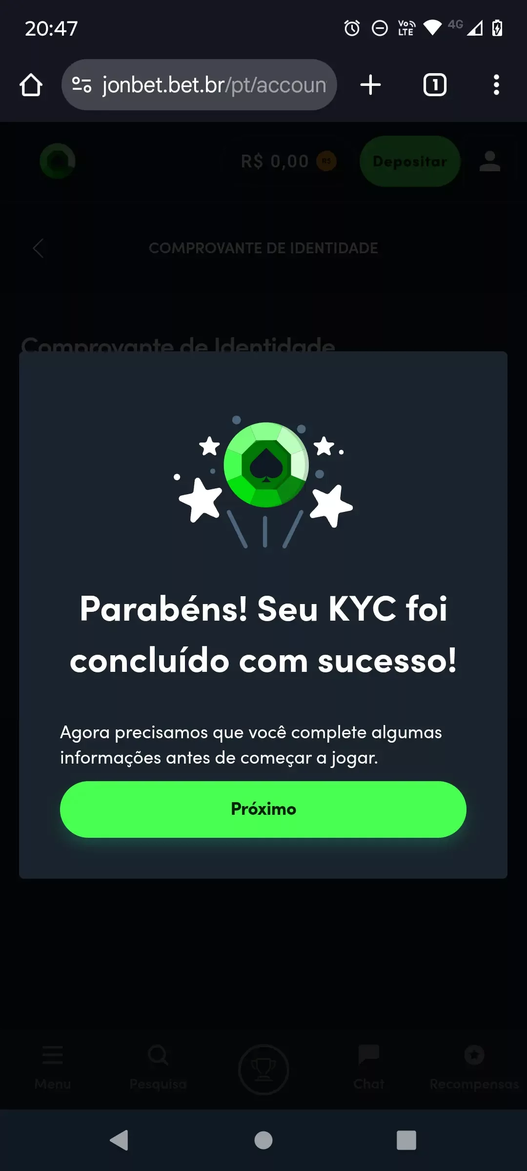 Processo concluido na Jonbet