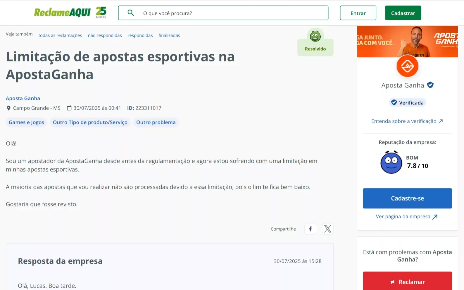 Queixa contra Aposta Ganha