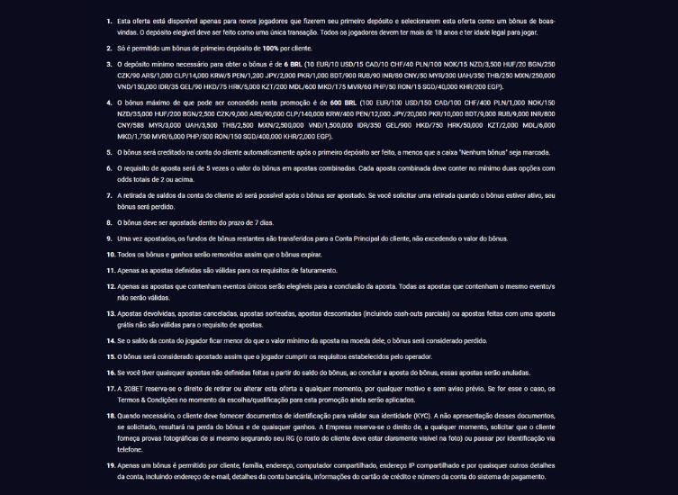 Termos do bonus 20bet