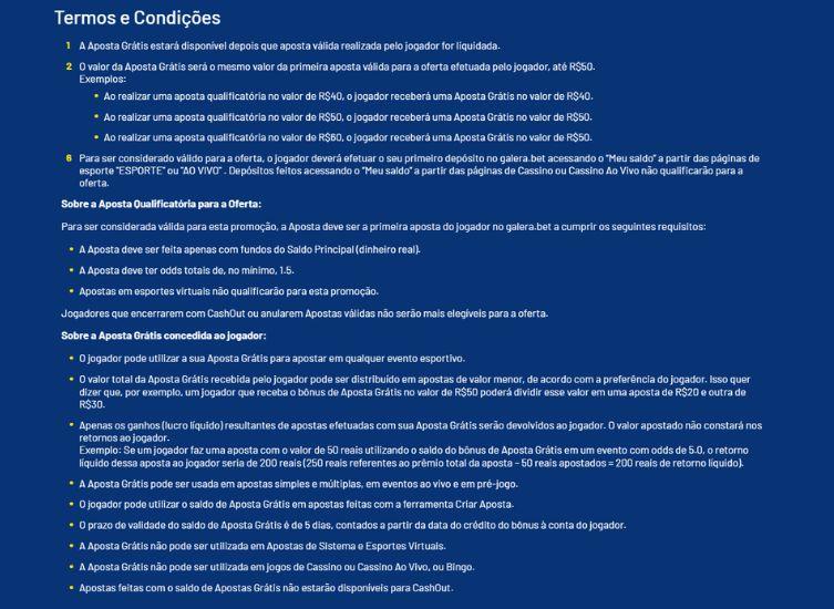 Termos do bonus Galera bet