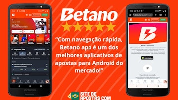 Um celular com a tela de download do app da Betano e outro com a pagina inicial do app da Betano