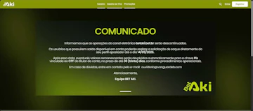 Comunicado da Bet Aki informando sobre o encerramento da plataforma