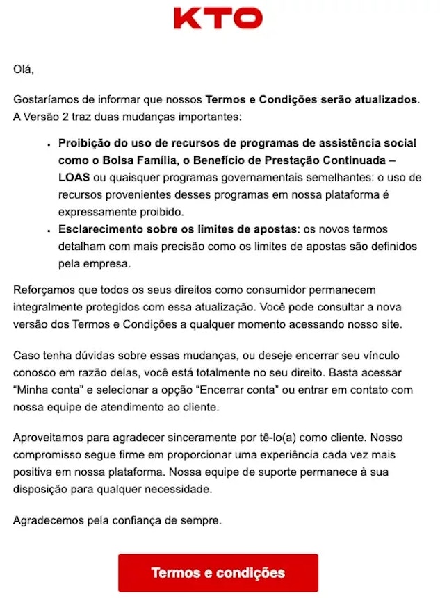 Email da KTO informando usuarios da proibicao do uso de recursos do bolsa familia em apostas