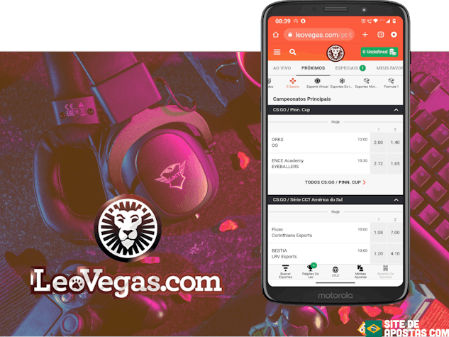 Mockup de celular com a pagina de e Sports do Leo Vegas com logo