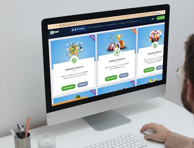 Mockup de computador com a pagina de bonus da 20bet