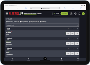 Mockup de tablet a mostrar as apostas ao vivo Placard