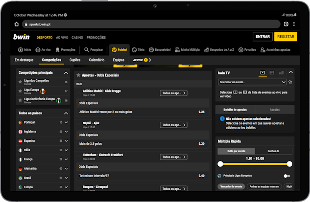 Mockup de tablet a mostrar as odsd especiais Bwin