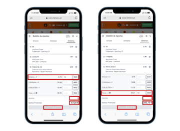 Mockup smartphones a mostrar aposta combinada simples e trixie na betano