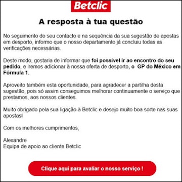 Pedido para abertura de apostas em formula 1 na betclic