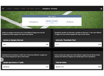Screenshot que mostra as apostas recomendadas da ESC Online para o jogo entre a Sampdoria e a Roma
