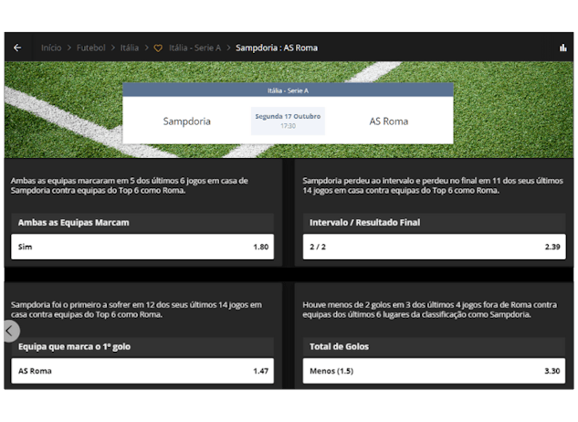 Screenshot que mostra as apostas recomendadas da ESC Online para o jogo entre a Sampdoria e a Roma