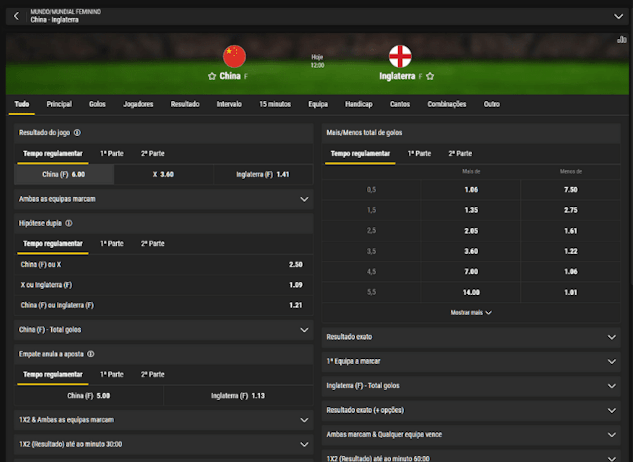 Variedade de tipos de apostas na bwin